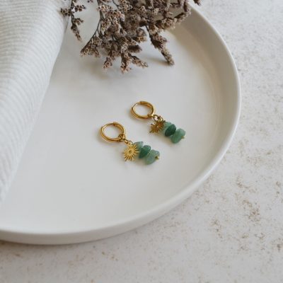 Boucles d'oreilles en acier inoxydable avec mini créoles ornées de pendentifs dorés et pierres vertes esprit élégant.